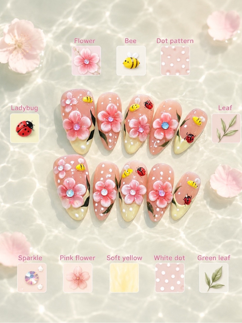 Floral 3D Press-On Nail Set – Pink & Green